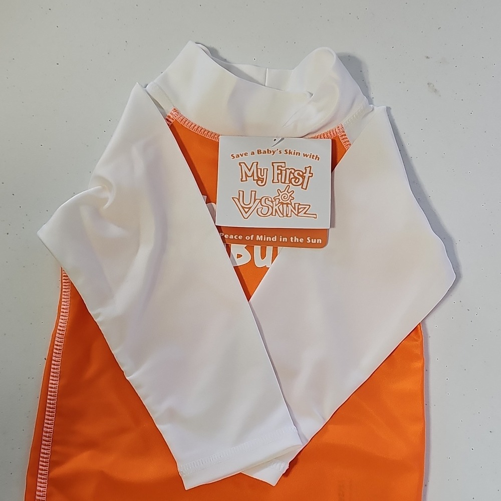 UV Skinz UPF 50+ Long Sleeve Rash Guard Swim Shirt Orange White 12/24m - Picture 5 of 5